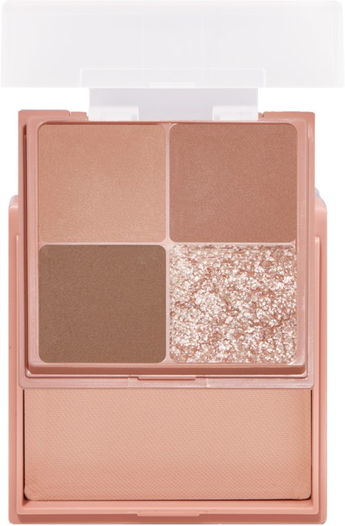 Pieni meikkipaletti, jossa on neljä sävyä, mukaan lukien poskipuna, bronzer ja glitterkorostus.