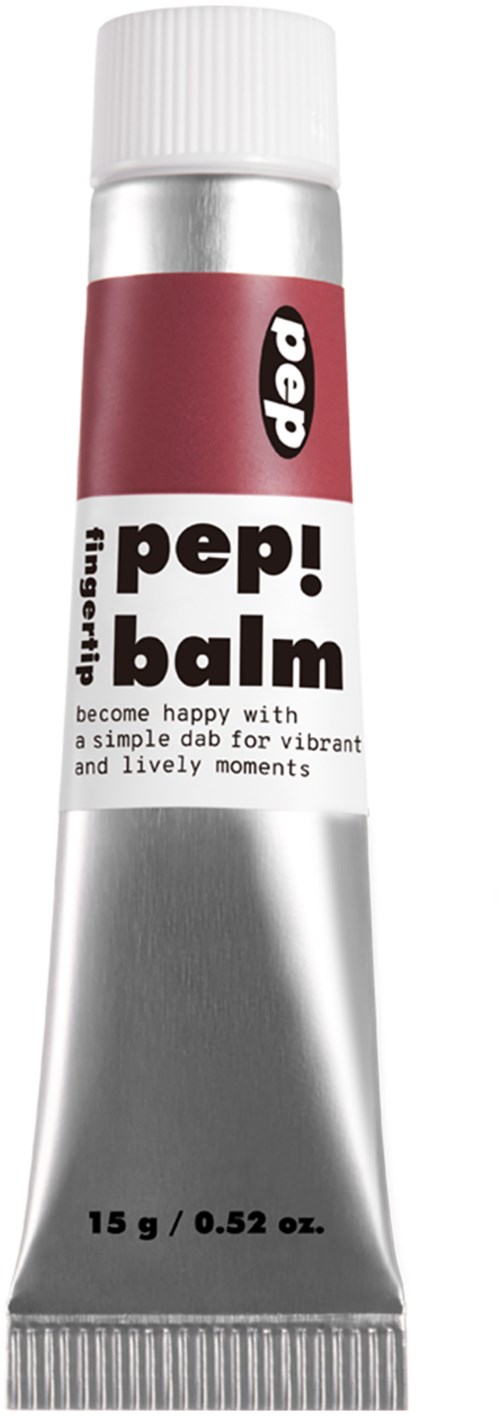 Liten tub med balm med vit lock, röd och silver kropp, och etikett som säger "pep! balm".
