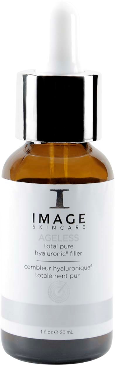 A skincare serum bottle with a white label and dropper cap, labeled 'AgeLess hyaluronic filler'.