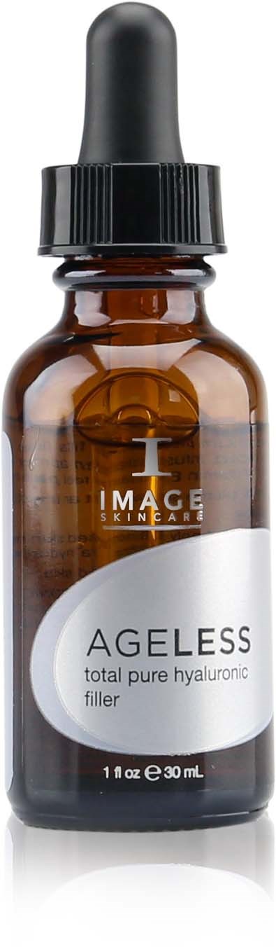 A small brown glass bottle with a black dropper cap, labeled "AGE LESS" hyaluronic filler. Contains 30 ml.