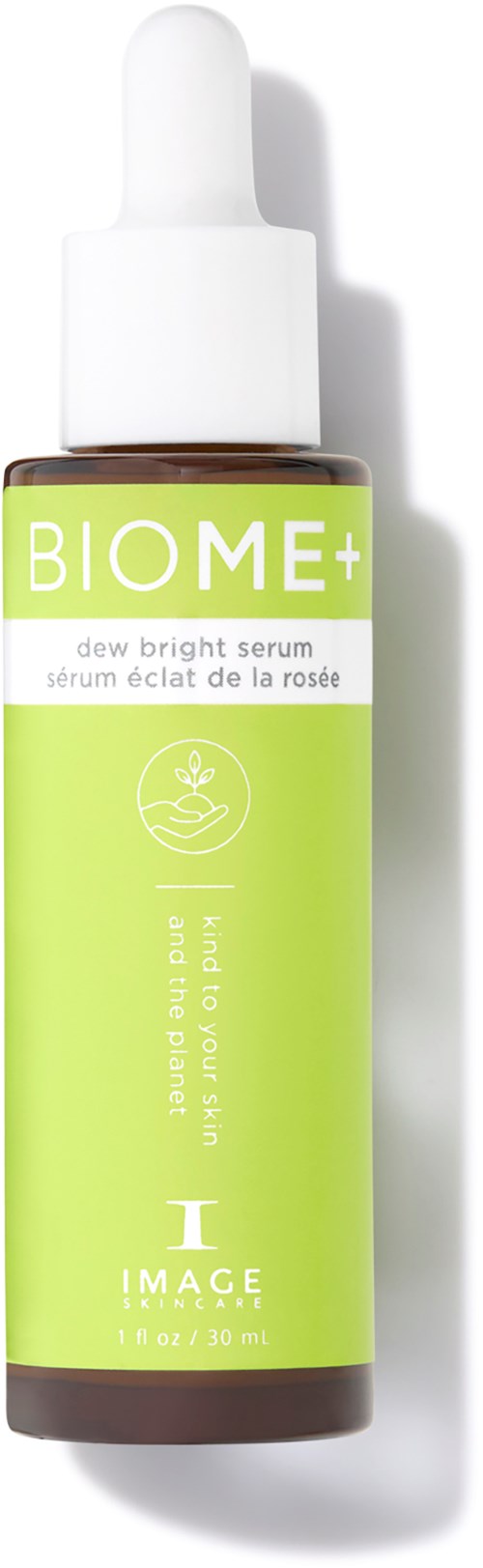 En liten grönaktig-vit flaska med pipettkork, märkt 'BIOME+' och 'dew bright serum'.