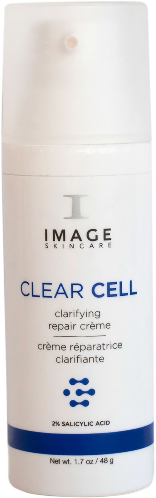 En vit hudvårdsflaska med pump, märkt 'Clear Cell' och 'salicylsyra' för aknebehandling.