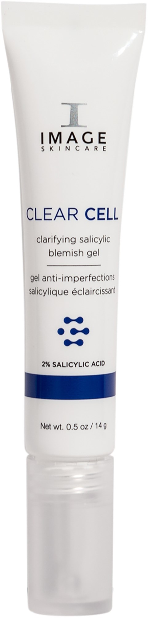 A white tube labeled 'Clear Cell' with text about salicylic acid gel for pimples.