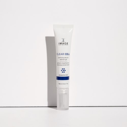 A white tube of skincare gel with blue and black text, standing upright on a white background.