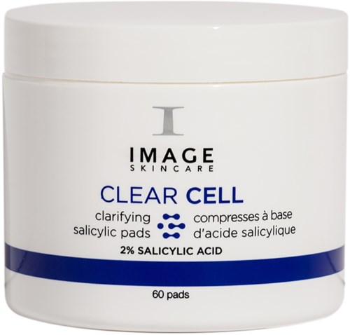 A white jar of skin care pads labeled 'CLEAR CELL' with blue and black text and 60 salicylic acid pads inside.