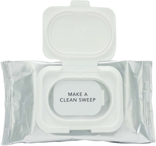 A wipe container with an opening saying "Make a clean sweep," in a silver package.