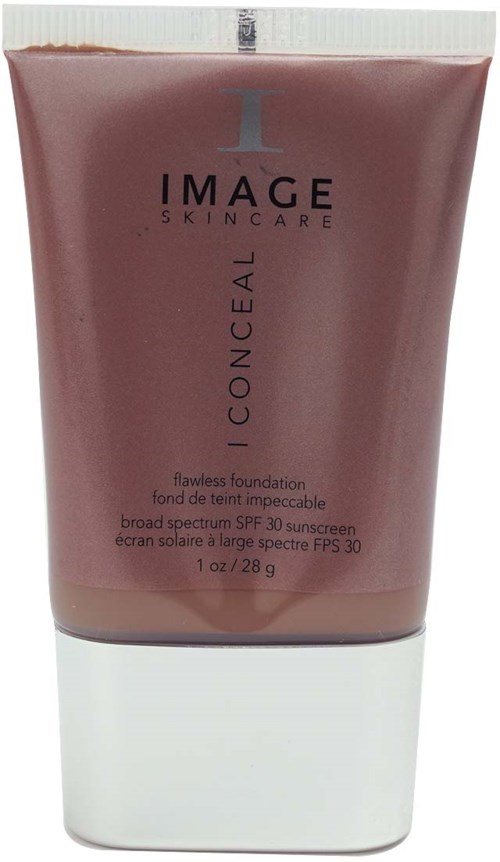 En rosaaktig foundationrör med vit topp, märkt 'IMAGE SKINCARE I CONCEAL' och SPF 30.