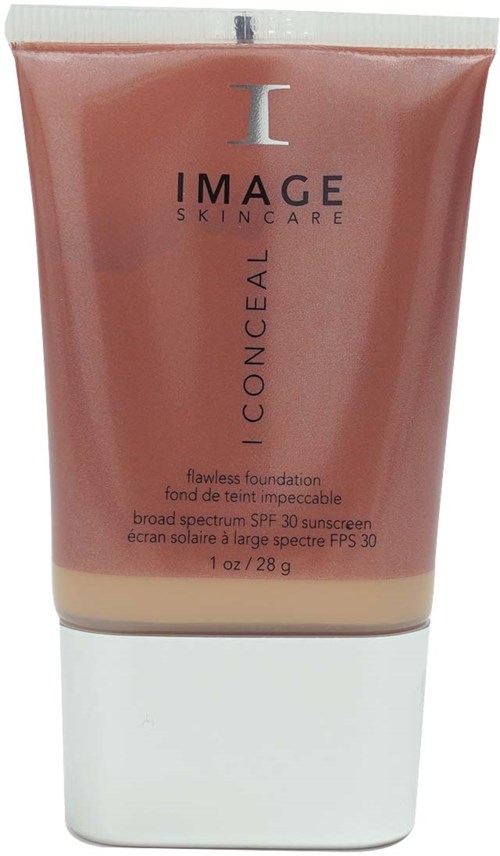 Dolt foundation i ett rosa liknande tub, med SPF 30, bredspektrum solskydd, och vit kapsel.