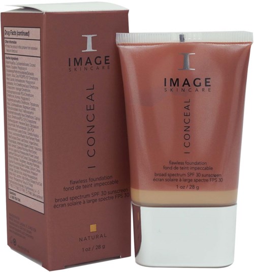 En tub concealer foundation med SPF 30 och dess förpackning, båda i rosaaktig nyans med svart och gult text.