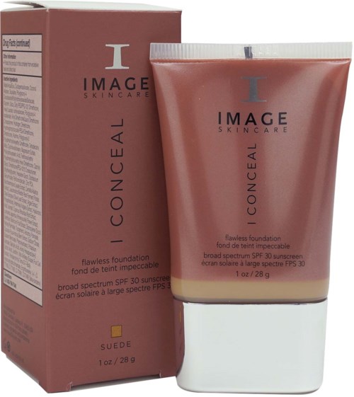 En rosa tub och låda för I Image Skincare's Conceal täckande foundation med SPF 30, i nyansen suede, 1 oz.