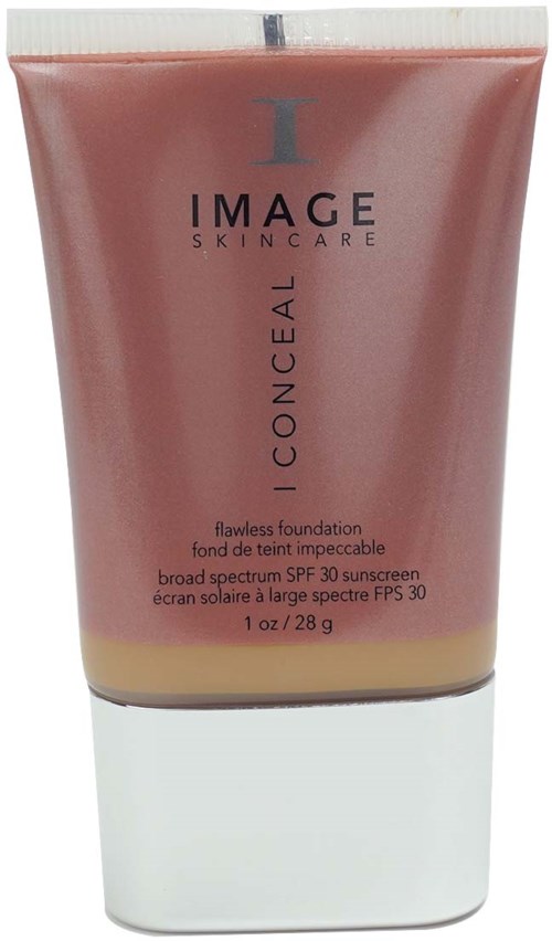 En rosa tub märkt 'Image Skincare Conceal' med produktdetaljer för foundation, SPF 30 och 28 gram.