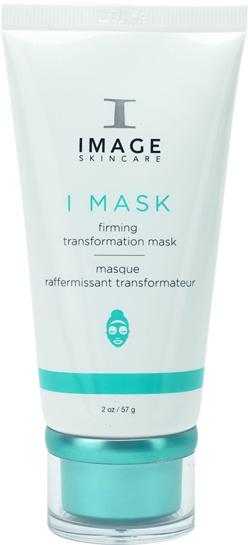 En vit tub med hudvårdsmaske med blå accenter, märkt 'IMAGE SKINCARE I MASK,' 2 oz innehåll.