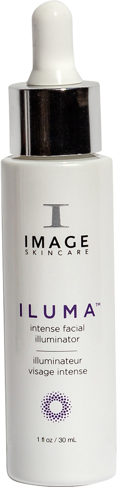 A white skincare bottle with a dropper cap, labeled 'IMAGE SKINCARE' and 'ILUMA,' with purple text and a circular logo.