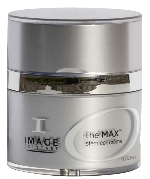 Ett silverfärgat lock med etiketten 'the MAX stem cell crème' från IMAGE Skincare. Det är rund med ett glänsande lock.