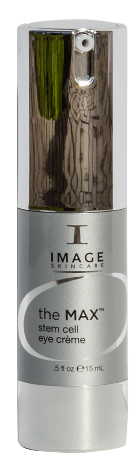 A skincare bottle with a reflective cap, labeled 'the MAX stem cell eye cream,' containing 15 mL of product.