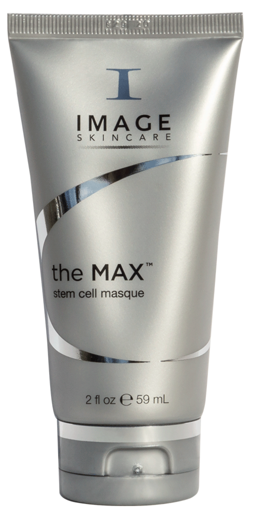 A silver tube with black and silver text, labeled 'the MAX stem cell masque' from IMAGE SKINCARE, 2 fl oz.