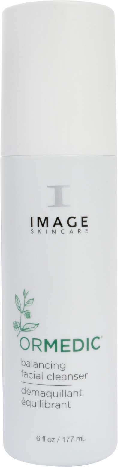 En vit cylindrisk flaska med balanserande ansiktsrengöring från IMAGE SKINCARE, med minimal design och grön text.