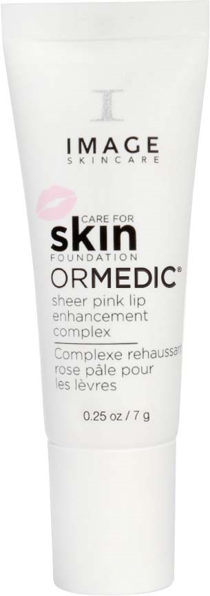 En vit tub med svart text och en rosa läppbild, märkt som ett läppförbättringsprodukt av IMAGE SKINCARE.