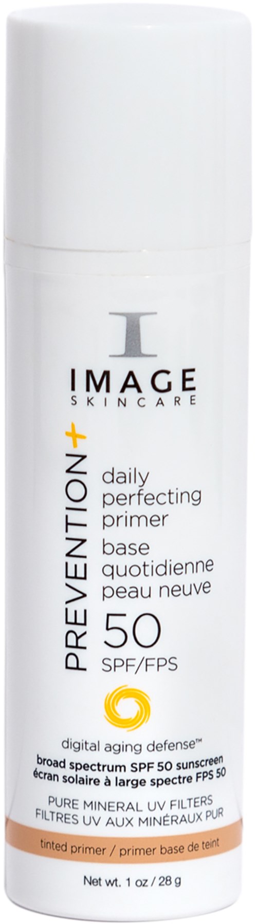 En vit flaska med svart och gul text, märkt 'PREVENTION+ daily perfecting primer SPF 50,' av IMAGE SKINCARE.