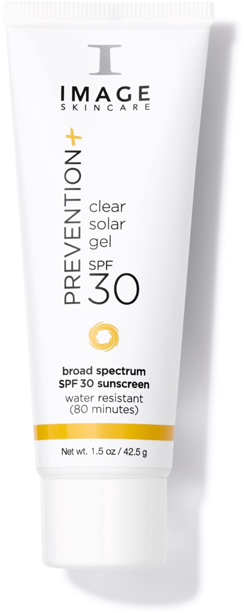 En vit tub med solkräm med SPF 30, kallad 'PREVENTION', från IMAGE SKINCARE, visar att den är vattentålig och bredspektrum.