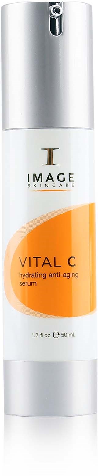 En vit flaska med silverlock märkta 'VITAL C' för återfuktande serum.