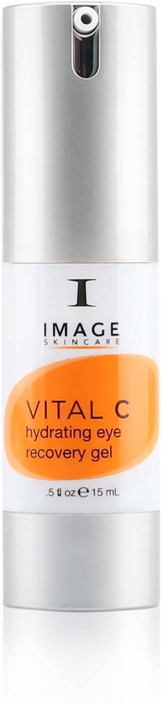 En vit och silverfärgad flaska med ögongel med orange etikett, märkt 'VITAL C Hydrating Eye Recovery Gel'.