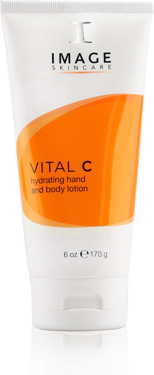 Ett vitt hudvårdsrör med orange design, märkt 'VITAL C återfuktande hand- och kroppslotion'.