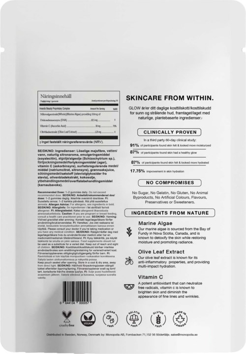 Etiket til hudplejeprodukt med ingredienser: marinealger, olivenbladsekstrakt, vitamin C og forskellige certificeringer.