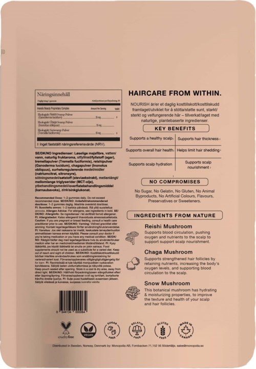 En lyserød hårplejeemballage med tekst om fordele, ingredienser og egenskaber for hårsundhed.