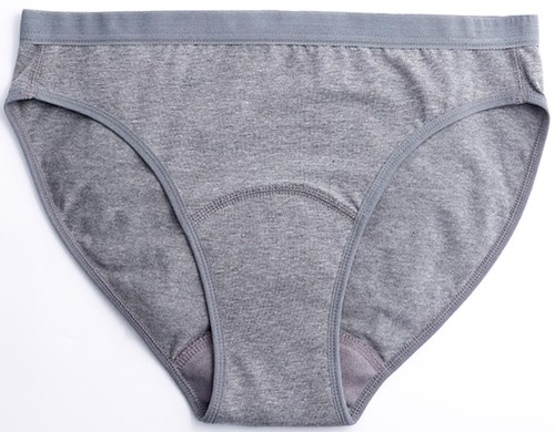 A plain grey pair of men's underwear displayed flat against a white background.