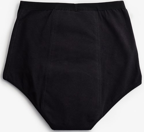 Ett par svart trosor med hög midja för kvinnor, tydliga sömmar och enkel design.