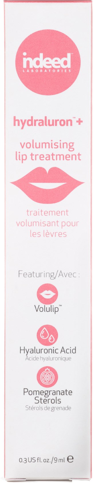 Verpackung für Lippenpflege mit Inhaltsstoffen wie Hyaluronsäure, Granatapfel und Steroide. Mit rosa Logo und Lippen.