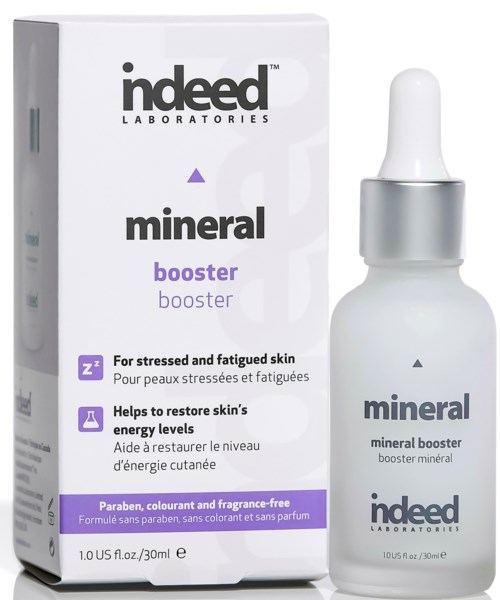 En vit pipettflaska och förpackning för mineralbooster hudvård, betonar stresslindring och energireparation.