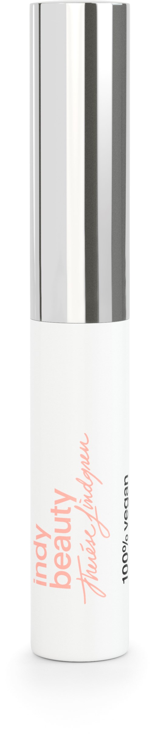 En liten vit flaska med silverlock, märkt 'tiny beauty' med rosa och svart text.