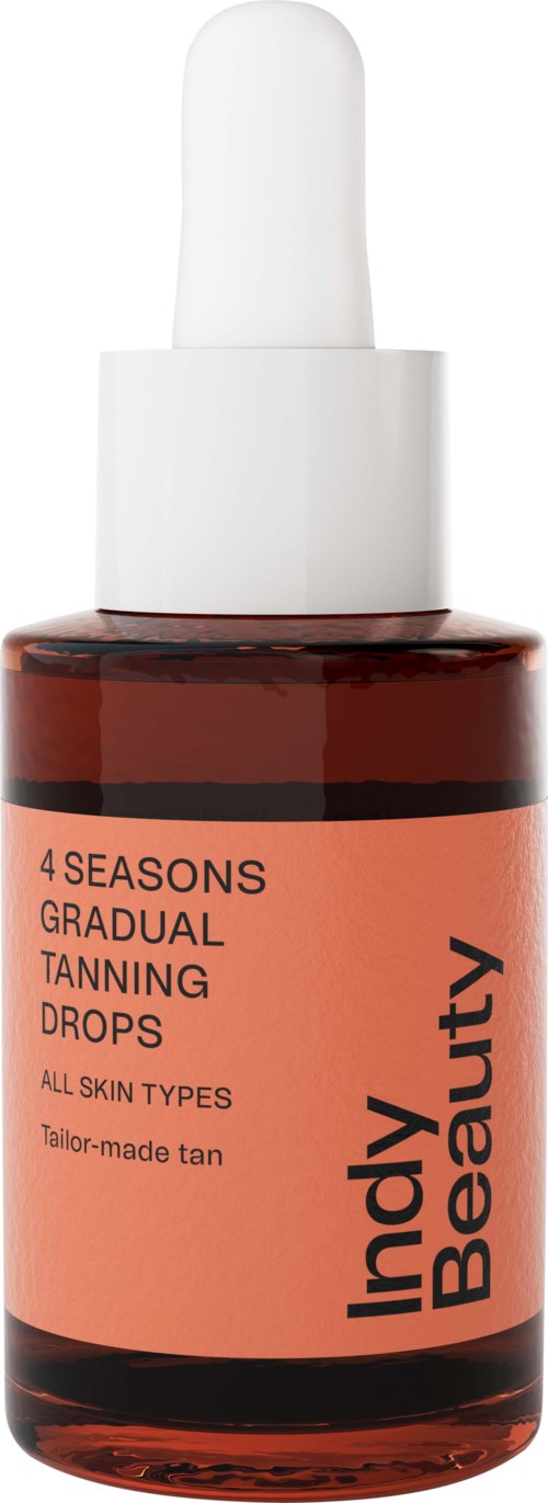 Kleine braune Flasche mit orangefarbenem Etikett und weißem Tropfverschluss, Beschriftung 'Incy Beauty' und 'Gradual Tanning Drops.'