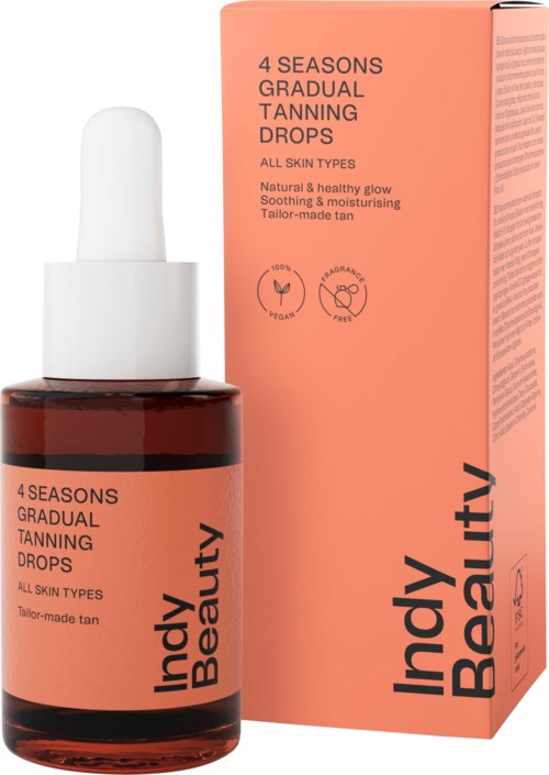 Flasche und Verpackung mit 'Indy Beauty' Bräunungstropfen für alle Hauttypen, Fokus auf natürlichen, gesunden Glow.