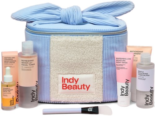 A light blue bag with a bow, containing skincare products like face toner, moisturizer, and more, with some in tubes and bottles.
