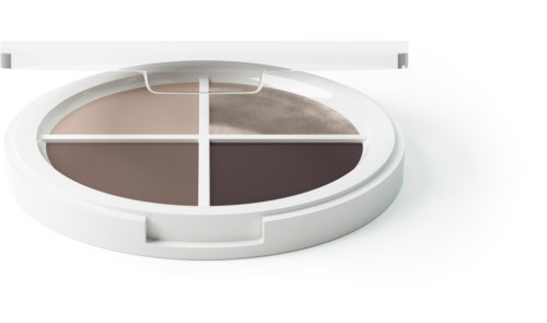 Makeuppalett med fyra nyanser, ordnade i en rund behållare med lock. Nyanserna inkluderar beige, brunt och mörka färger.