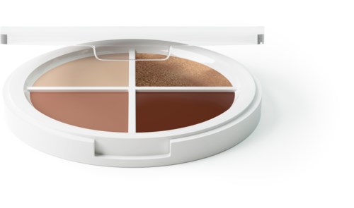 En rund makeup-compacta med fyra nyanser av puder inuti, märkt för olika hudtoner, med spegel på locket.