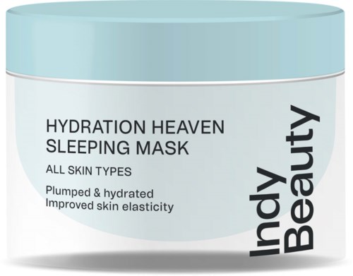 Ein Behälter mit hellblauer Deckel und weißem Körper, etikettiert 'HYDRATION HEAVEN SLEEPING MASK' für alle Hauttypen.