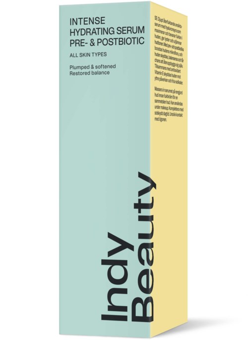 En hudpleieprodukt eske merket 'Indy Beauty' med beskrivelse av serum for alle hudtyper.