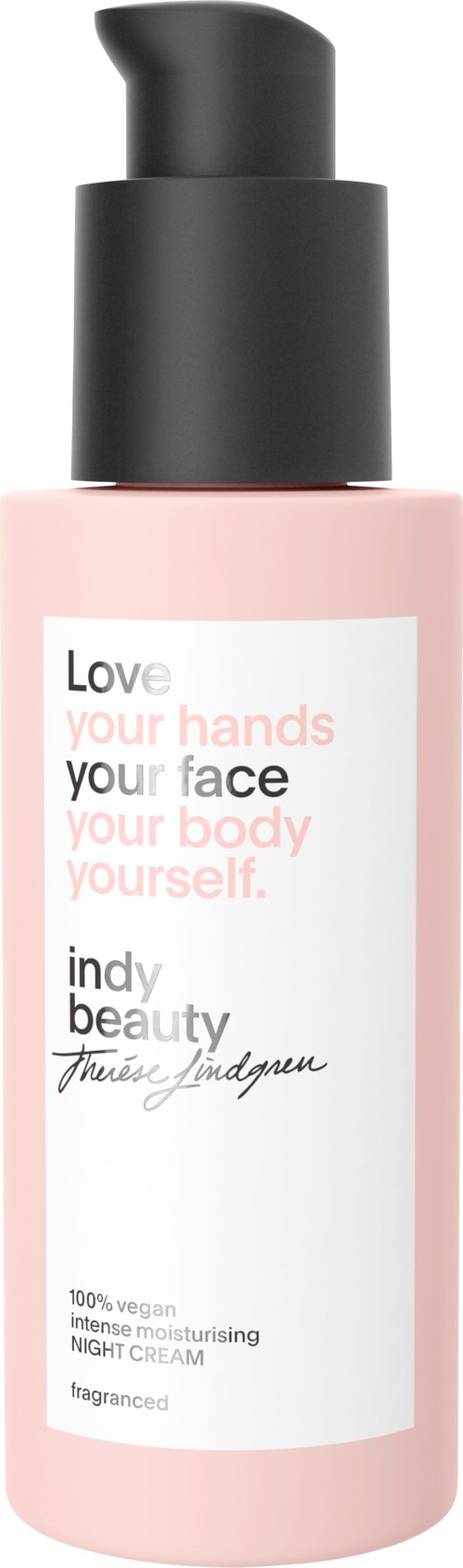 Ljusrosa flaska med svart pump, text om hand- och ansiktsvård, och en logo för Indy Beauty.