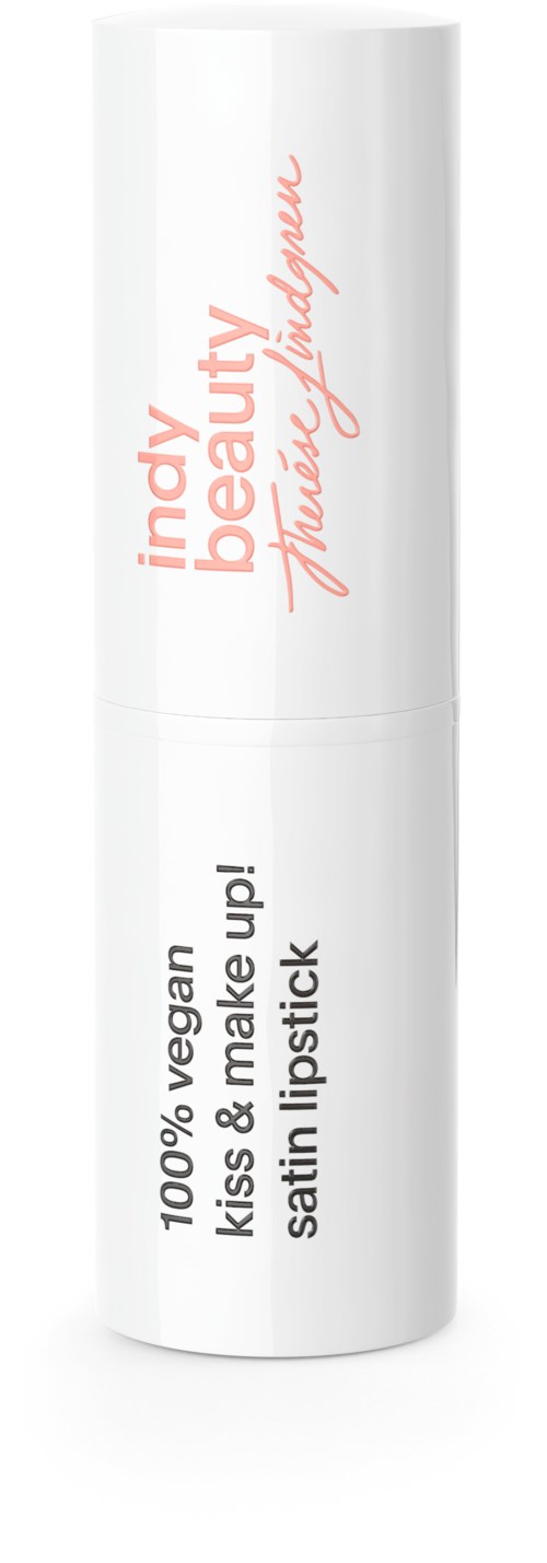 Ein weißer Lippenstift mit schwarzen und rosa Schriftzug, bewirbt ein veganes, satinhartendes Lippenprodukt.