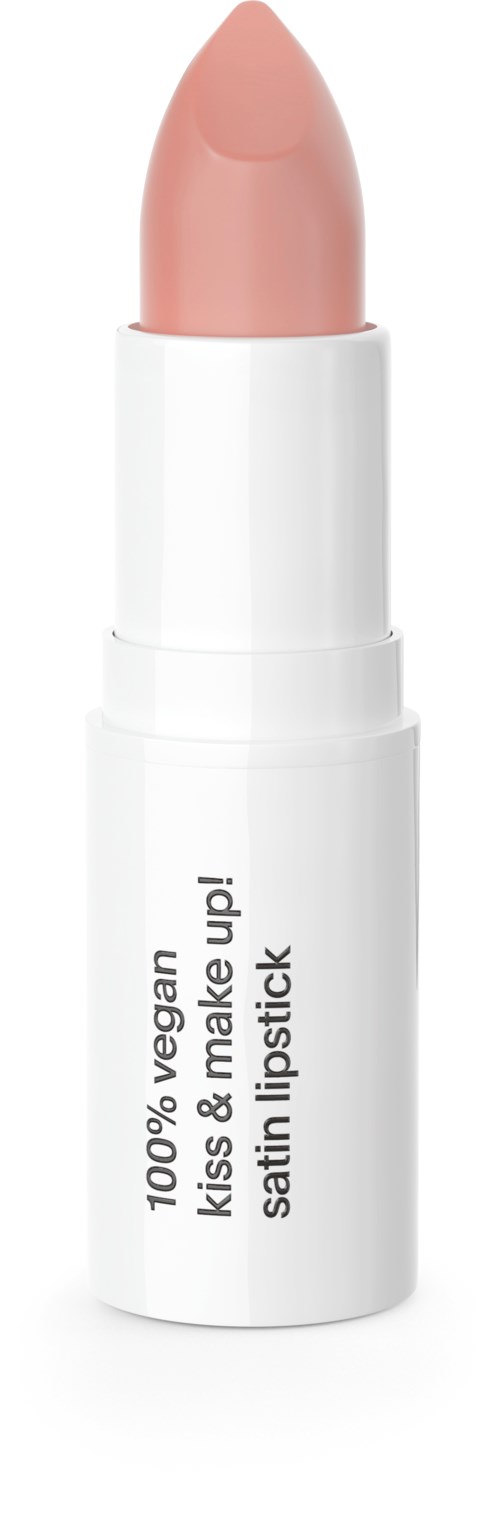 En vit tub med texten '100% Vegan Kiss & Make Up Satin Lipstick' och rosa läppstift inuti.