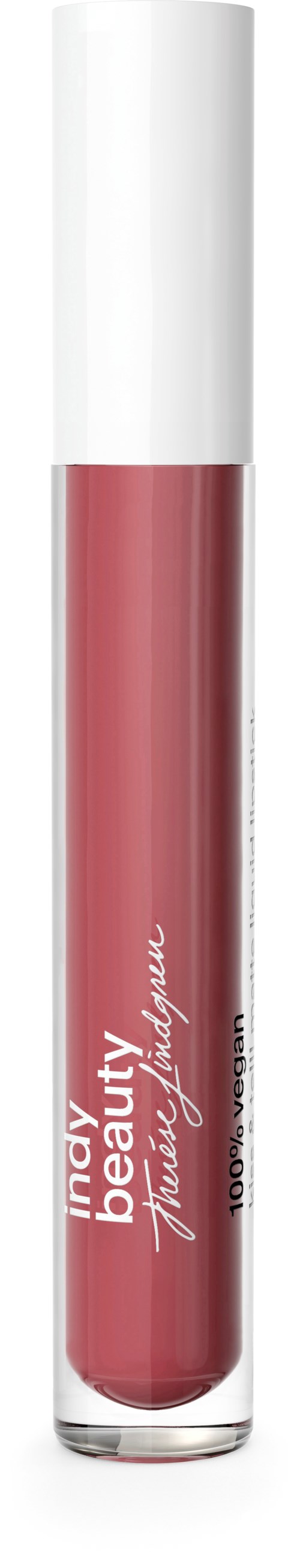 Ein Lippenstift mit rosa-brauner Farbe, weißer Kappe und Beschriftung 'My Beauty' und 'No Smudge'.