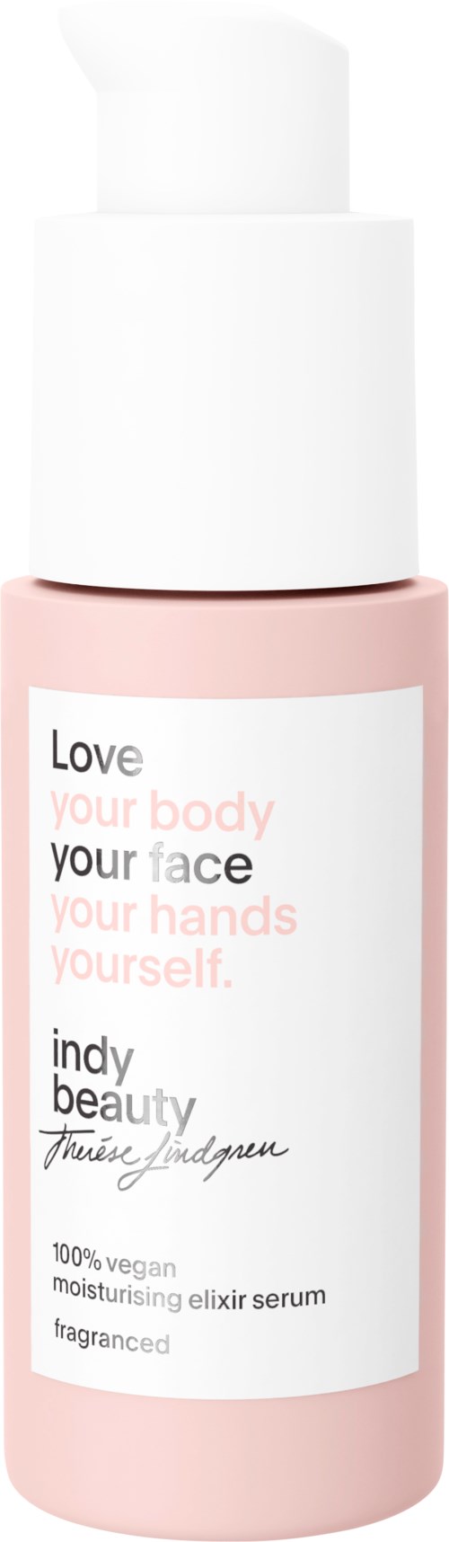 En rosa lotionflaska märkt som vegansk återfuktande serum för kropp, ansikte och händer. Den har en vit pump.