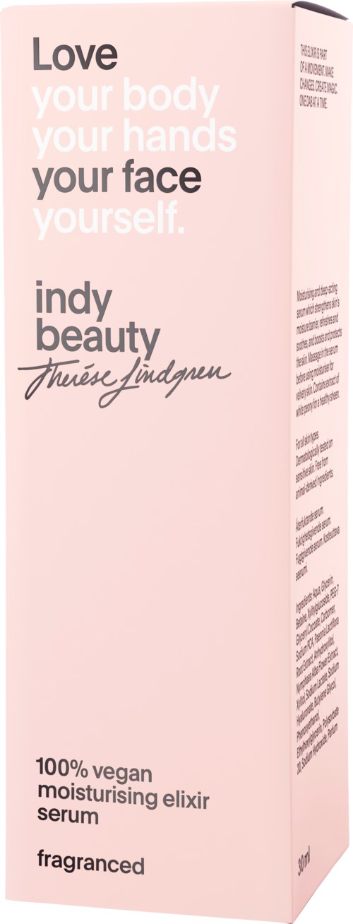 Ljusrosa förpackning med text om att älska dig själv och en vegansk fuktserum från Indy Beauty.