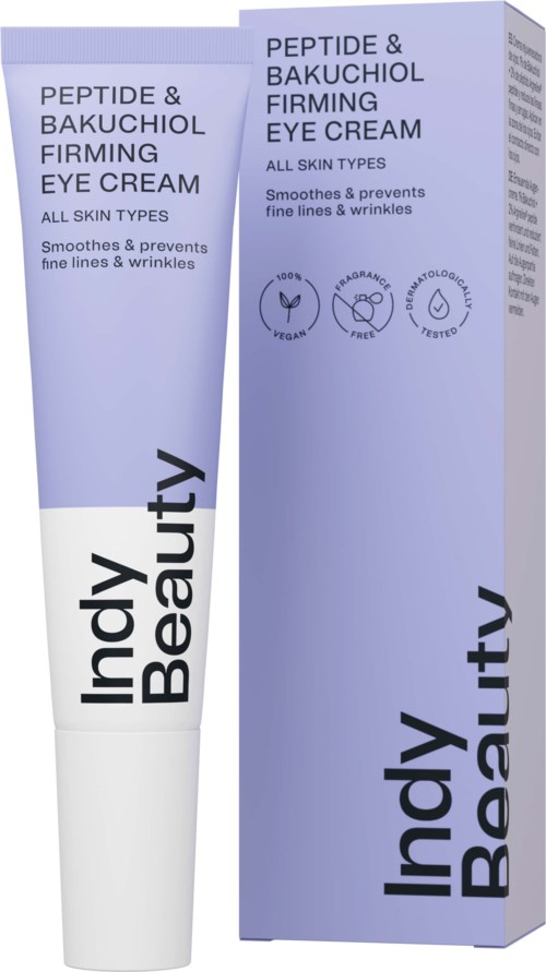 Tuba i opakowanie kremu pod oczy o nazwie Peptide & Bakuchiol Firming Eye Cream od Indy Beauty, mające na celu wygładzanie i zapobieganie zmarszczkom.