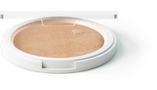 Ett kompakt med beige pulver inuti och en spegel ovanför, avsedd för makeup eller ansiktspulver.