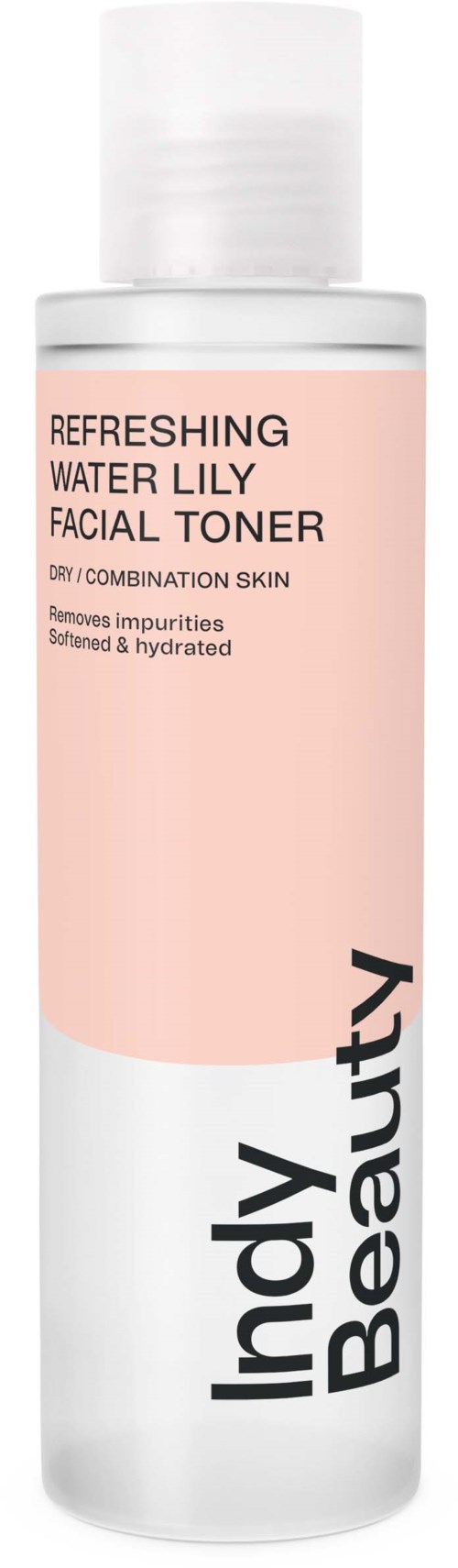 En ansiktsvattenflaska med vit lock och rosa etikett, med texten "Indy Beauty Refreshing Water Lily."
